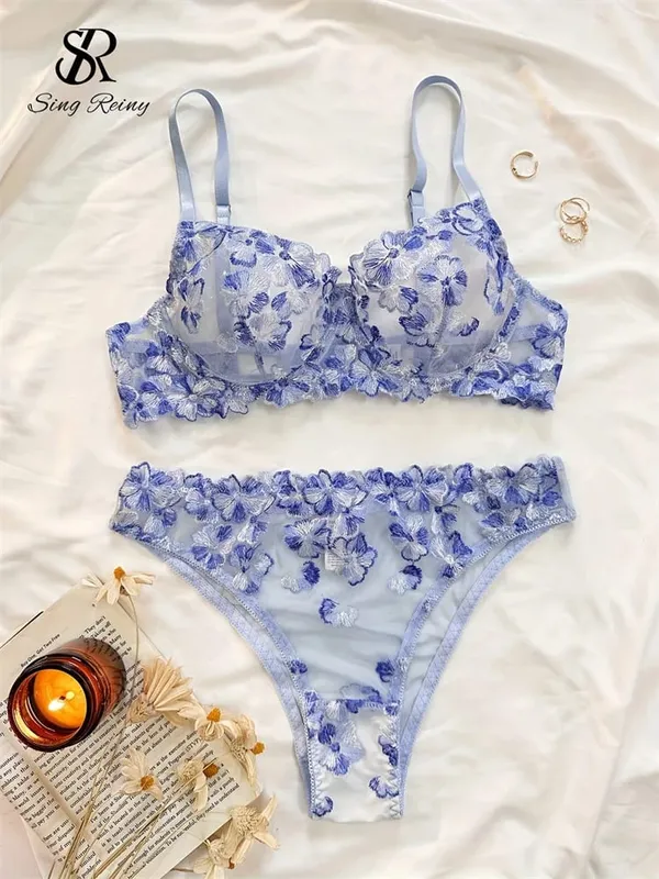 Διχτυωτό Sheer Εσώρουχα Δύο Κοστούμια Γαλλικά Floral Seusual Σετ Εσωρούχων Γυναικεία Κέντημα Σέξι Σετ σουτιέν και σλιπ