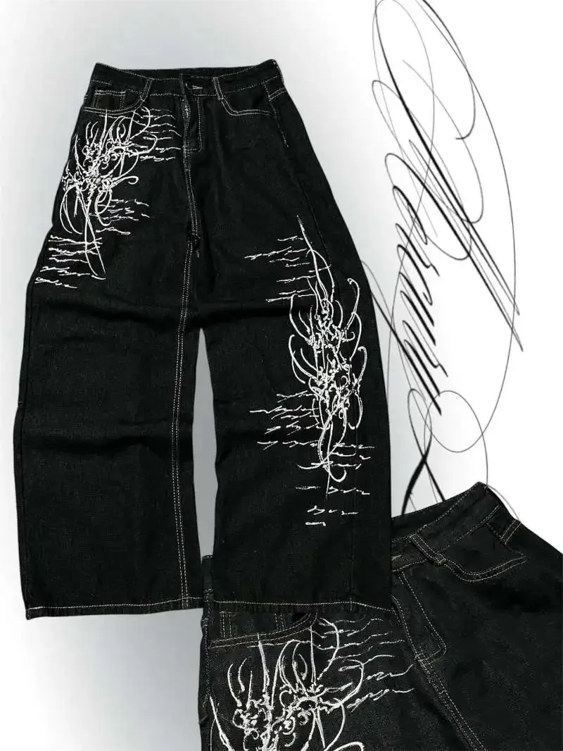 Y2K Vintage Gothic High Street Denim Black Wash Gradient Spine Spider Lily Print Wide Leg Jeans