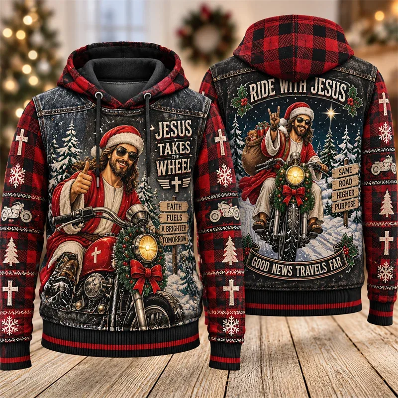 Funny Jesus Christmas Biker Hoodie 3D Graphic Motorcycle Rider Vintage Holiday Pullover Winter Streetwear Party Casual Gift