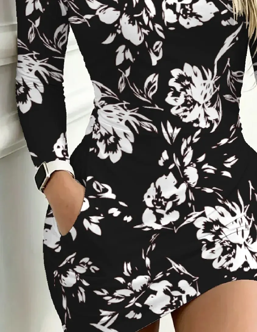 Women's Casual Long-Sleeved Floral Print Dress Autumn Waist Cinching Mini Skirt Length with Pockets round Neck