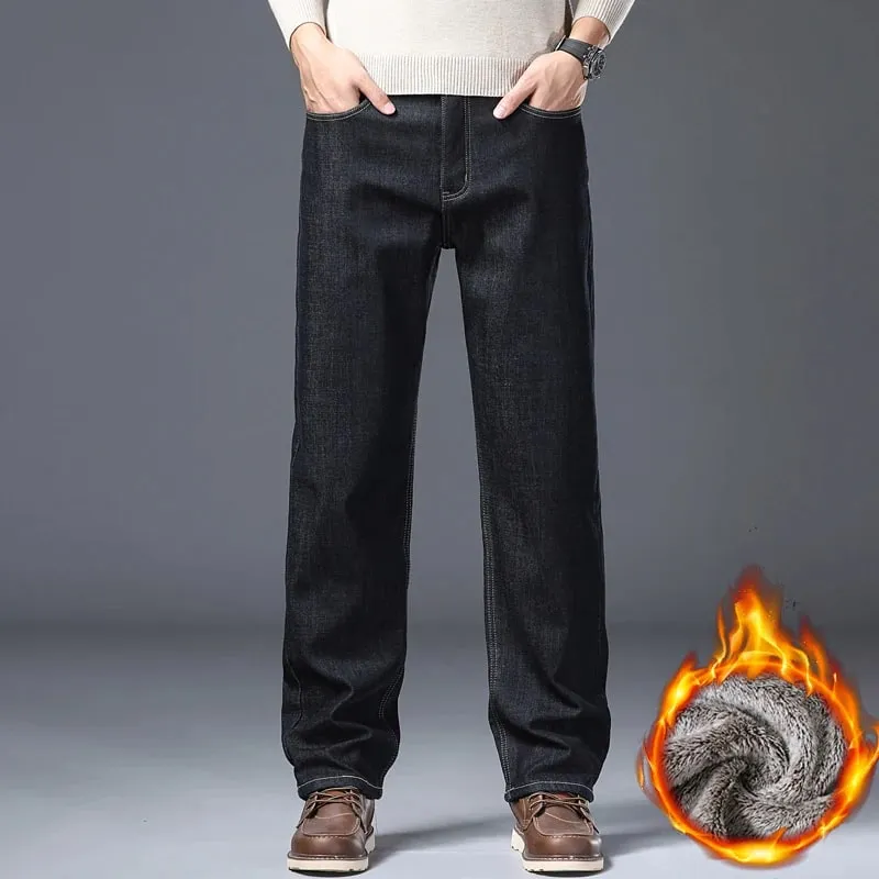Pantalones vaqueros gruesos con forro polar para hombre, pantalones vaqueros ajustados elásticos cálidos de invierno, pantalones cómodos y suaves para ropa de trabajo diaria