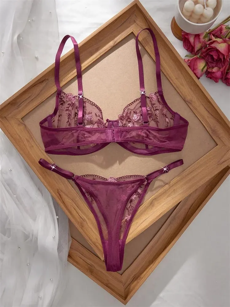 Romantic Women's Underwear Ultra Thin Floral Embroidery Sexy Lingerie See Through Pure Desire Lingerie Set Push Up Sexy Bras