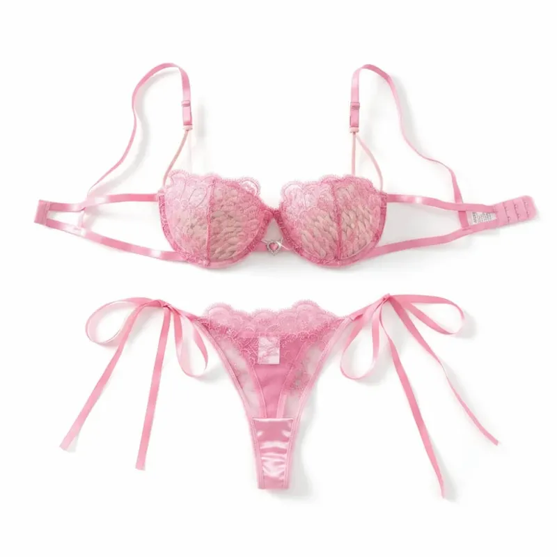 Elegant Floral Embroidery Lace Lingerie Set Lace-up Hollowed-out Thong Bra Suit Mesh Transparent Ultra-thin Underwear Sets Lady