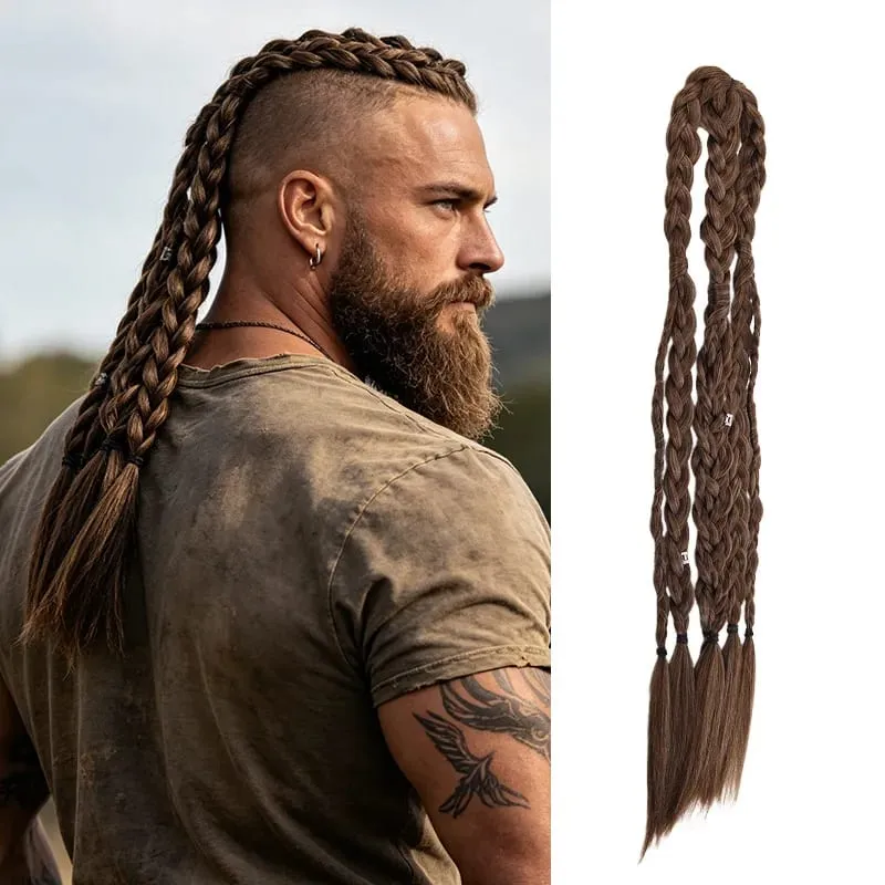 Men Viking Braids Hair Extensions Synthetic Clip In Braided Hair Pieces Cosplay Renaissance Festival Hair Accessories For Men