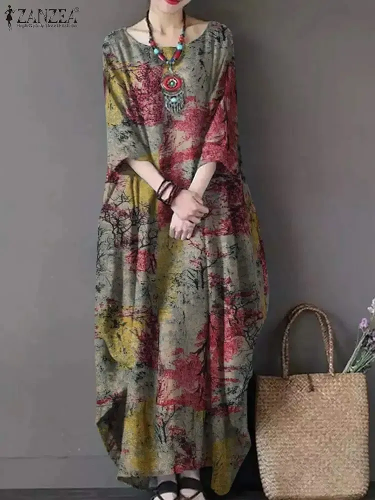 Vintage printede kjoler ZANZEA Autumn Sundress Kvinder Bohemian Casual Langærmet O-hals Kjole Elegant Løs Maxi Vestidos Robe