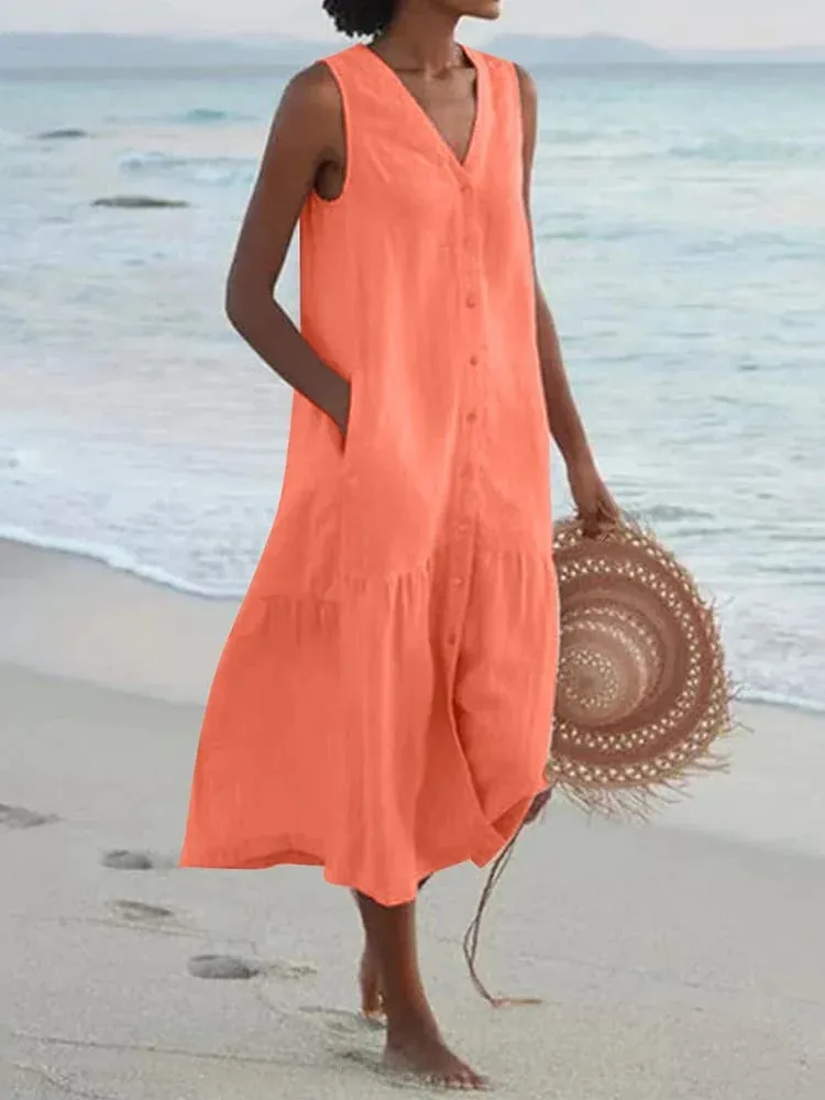 Sommer Lose Casual Patchwork Baumwolle Leinen Taschen Kleid V-ausschnitt Strand Stil Kleid Ärmelloses Vintage Club Midi Solide Frauen kleid