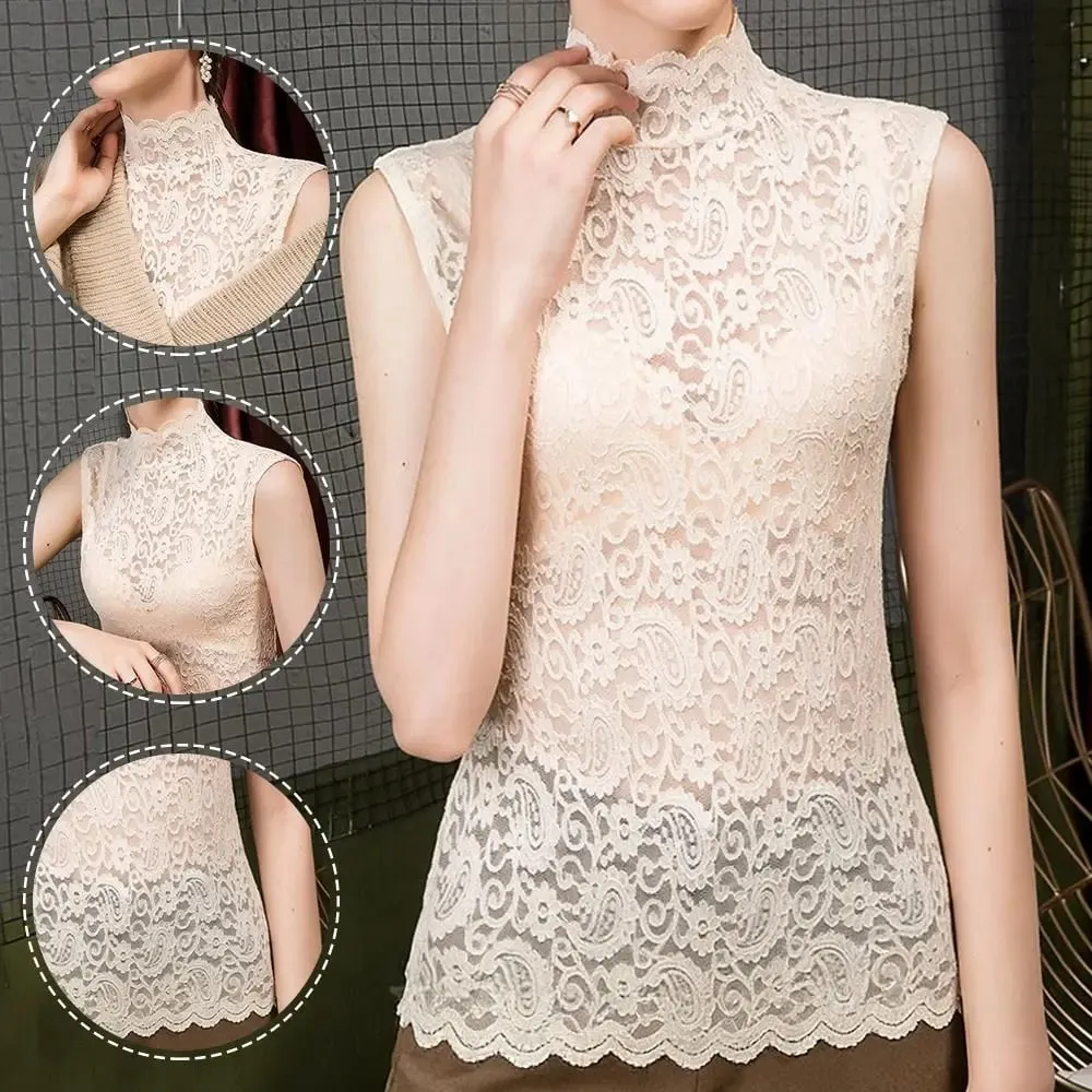 Elegant Half High Collar Floral Tank Tops Hollowed-out Black White T Shirt Sleeveless Vest Women Girls