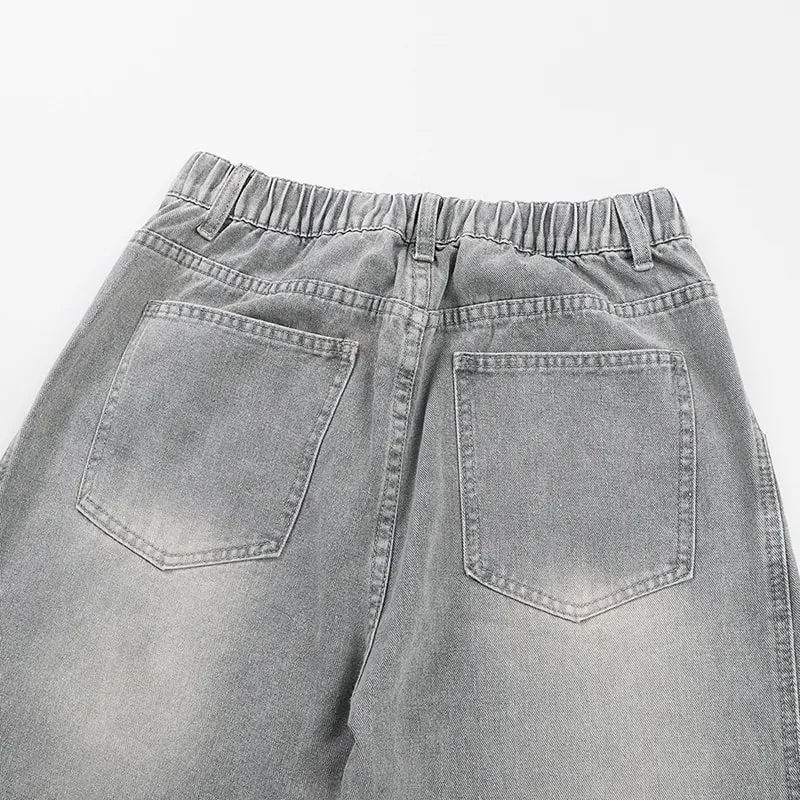 American High Street Curved Wide Leg Jeans For Men Vintage Grey Draped Loose Hip Hop Designer Bottoms