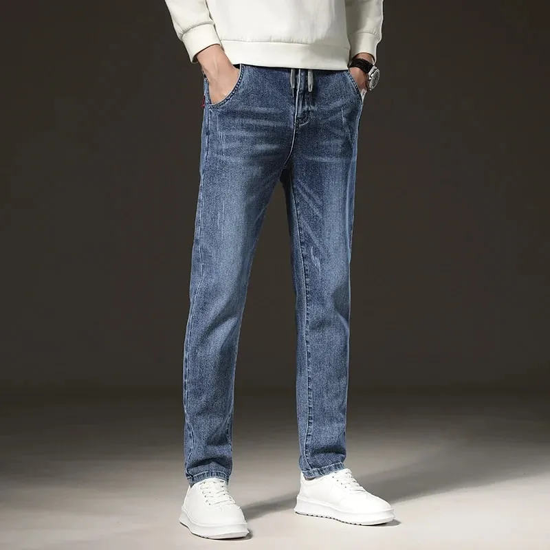 Warm Winter Jeans Men's Fleece Light Blue Slim Straight Denim Pants High Quality Thicken Velvet Elastic Comfort Casual Trousers