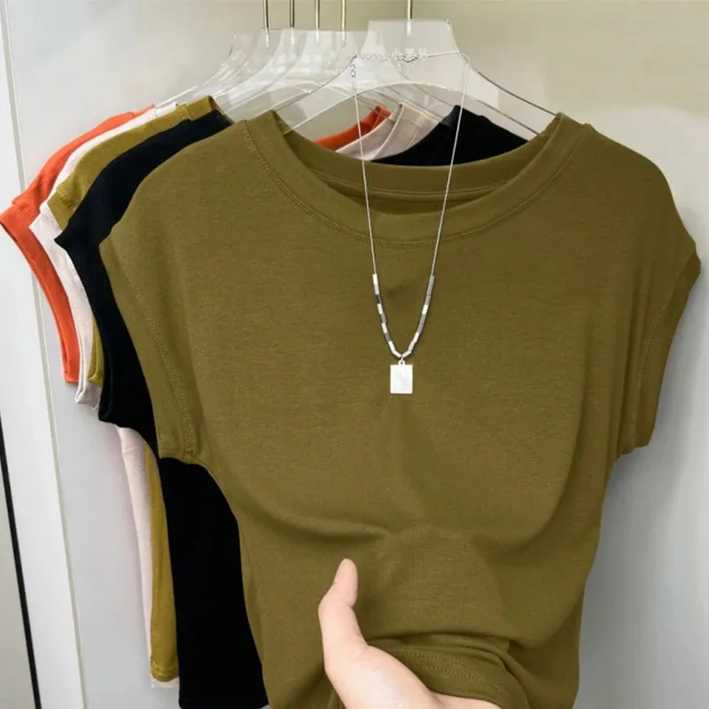 1pcs Women T Shirt Summer Sleeveless Round Neck Breathable Loose Leisure Tops Comfort Lady Basic Tee Solid Female Ice Silk Vests