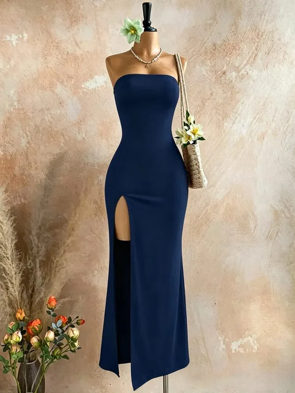 Robe mi-longue moulante sans bretelles pour femmes, haut tubulaire, fente latérale haute, couleur unie, noir, sans manches, coupe cintrée, longue robe de soirée