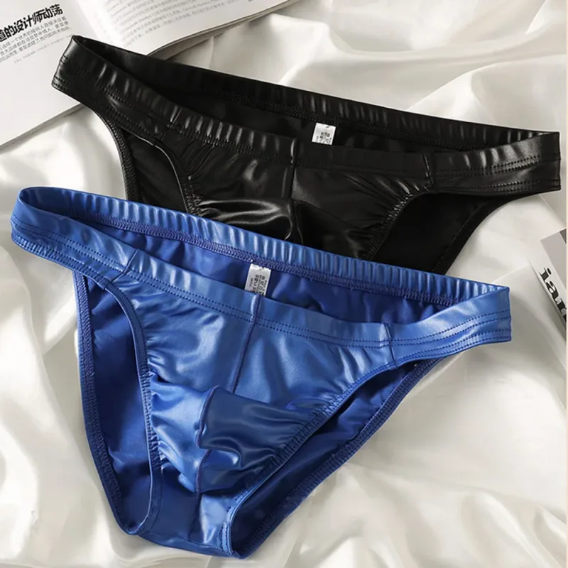 Sexy Briefs Underwear Men Faux Leather Sexy Underwear Briefs Low Waist Bulge Pouch Lingerie Panties Underpant Triangle Pants