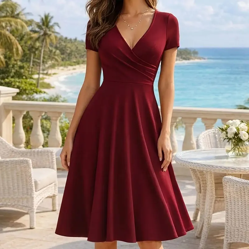 Abito da donna elegante girocollo estivo manica corta tinta unita linea A al ginocchio abito a vita alta spavaldo matrimonio festa partenza casual