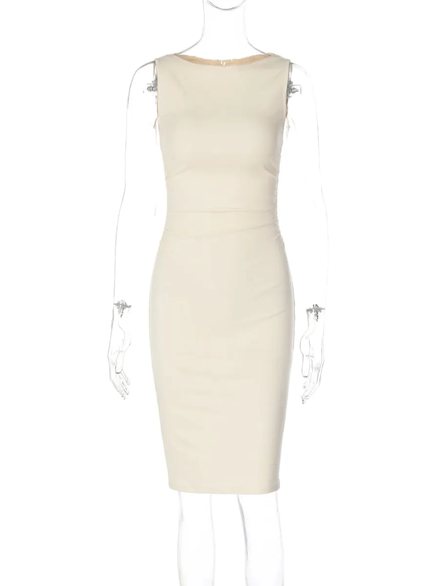 Dulzura Women'S Solid O-Neck Sleeveless Ruched Midi Dress Elegant Casual Slim Fit Dress Birthday Party Club Street Autumn Outfit