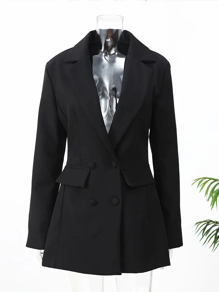 Lady Solid Waist Cinching Blazer Dress Fashion Full Sleeve Lapel V-neck Double Breasted Slim Vestidos 2026 Office Street Gown