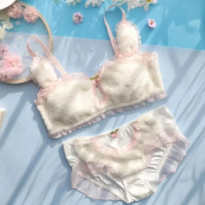 Women Cartoon Rabbit Ears Lingerie Furry Plush Cutout Bra and Panty Underwear Set