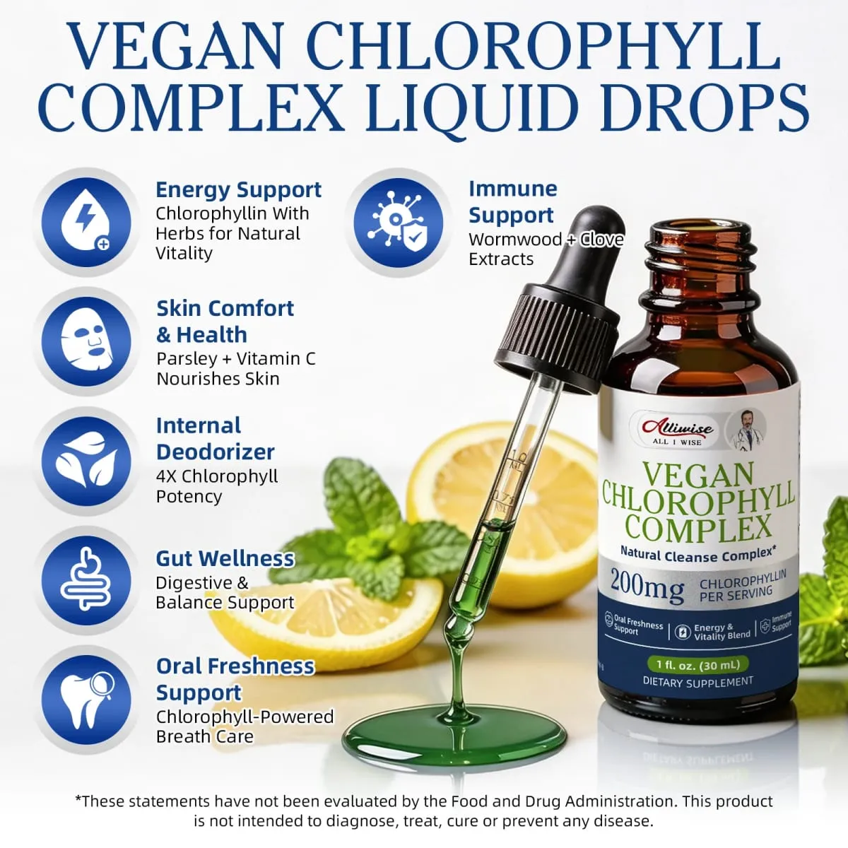 Alliwise 200mg High Potency Chlorophyll Drops for Enhanced Immunity Digestive Health Antioxidant Parsley + Vitamin C Nourishes