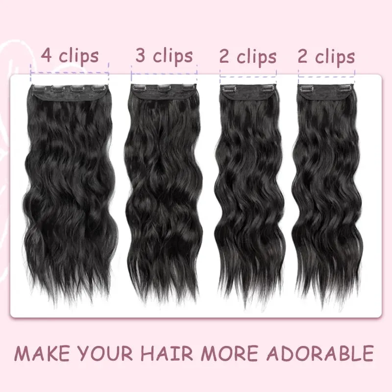 Clip in Hair Extensions 4PCS Synthetic Black Thick Hair Piece 24 Inches Long Wavy Clip in Extensions