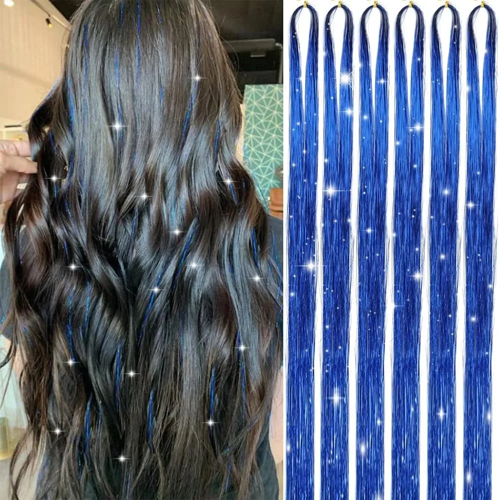 Hair Tinsel Kit 6 Pcs 2000 Strands Silver Tinsel Hair Extensions Fairy Hair Tinsel Heat Resistant Sparkly Shiny Synthetic Hair