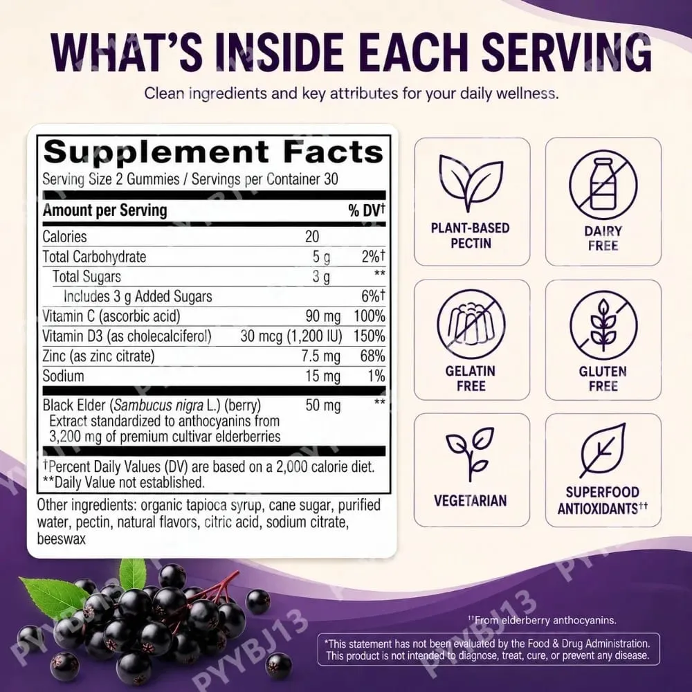 Black Elderberry Gummies 60pcs for Immune Support Sambucus Extract Zinc Vitamin C D3 for Adults Kids 2 Capsules Per Day