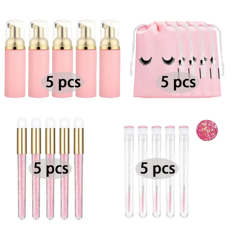 60ml Refillable Empty Plastic Pump Bottle Lash Extension Cleaning Kit Long Rod Brush Lash Curler Dust Tube EVA Storage Bag Tools