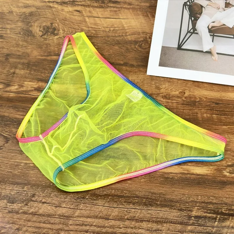 Cuecas masculinas coloridas de cintura baixa u convexa, cuecas de gaze sexy ultrafinas de malha pura transparente