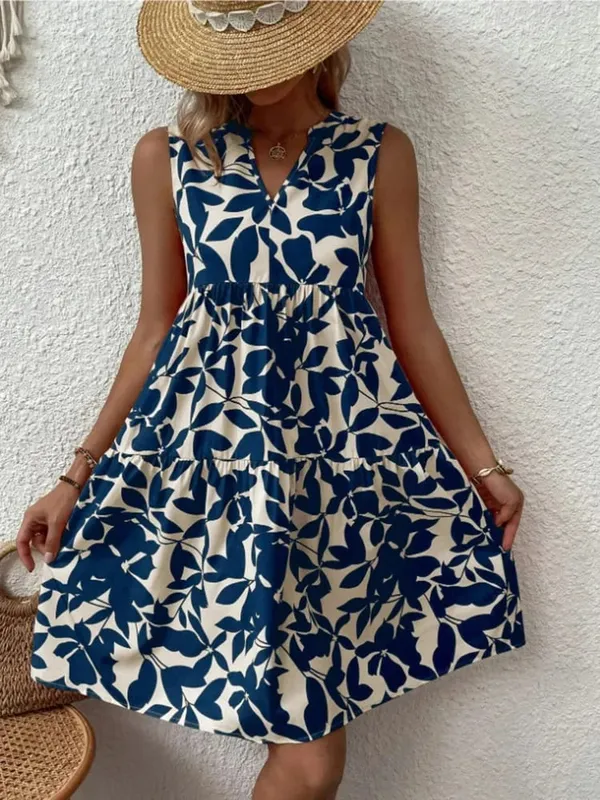 Gaun Mini Gambar Boho Wanita Gaun Tank A Line Ruffle Leher V Tanpa Lengan Elegan Musim Panas Gaun Sundress Pesta Pantai Ukuran Besar Longgar Kasual