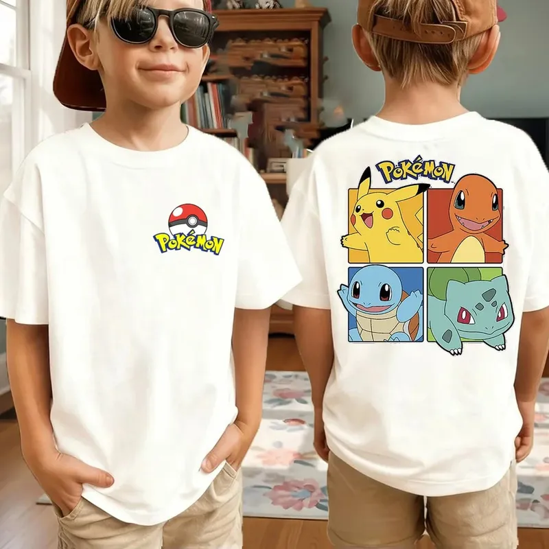 Summer Pokémon AnimeT-shirts Boys Pure Cotton Short-sleeved Top Casual Suitable for Both Boys and Girls Parent-child Outfits.