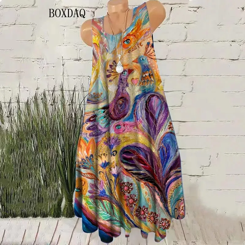 Gradient Kvinnor Vintage Korta Klänningar Ärmlös sommar 3D Tie-dye Street Style Kvinnlig Klänning Lös Casual O-Neck Mini Klänning