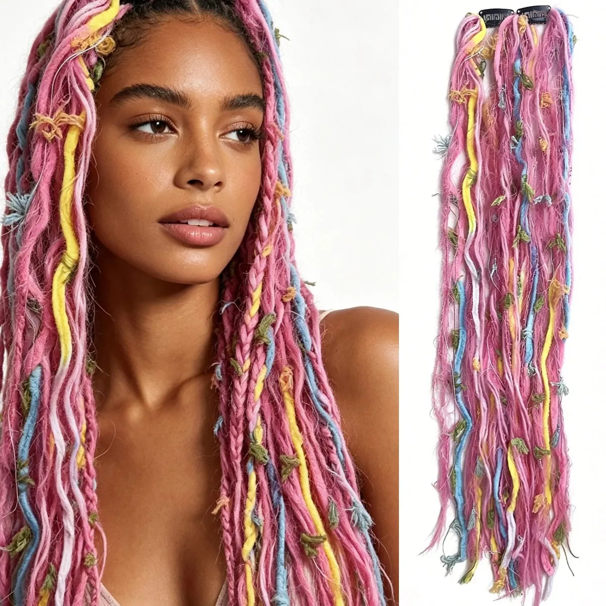 Synthetic 2Pcs Wool Yarn Dreadlock Clip Hair Extensions Maillard Long Boho Tassel Colored Vintage Braids Hair For Woman