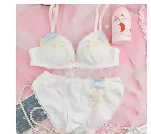 Sweet Lolita Lingerie Set: Floral Lace Applique Push Up Bra & Panty Set Cute Sexy Underwear