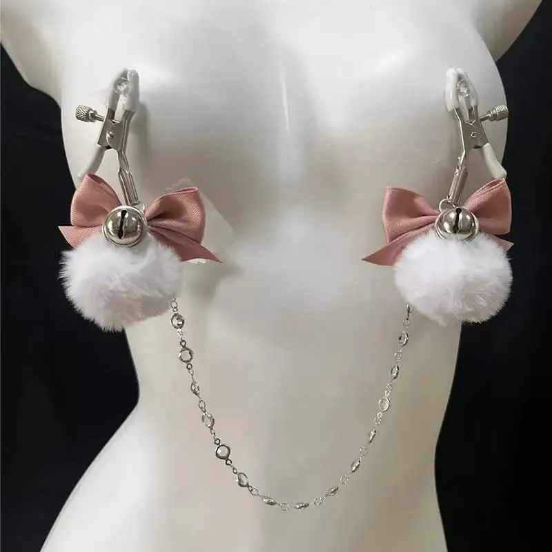 Fuzzy Bow Nipple Clips Bell Collar Body Chain Pink Breast Restraints BDSM Adult Sex Toys For Women