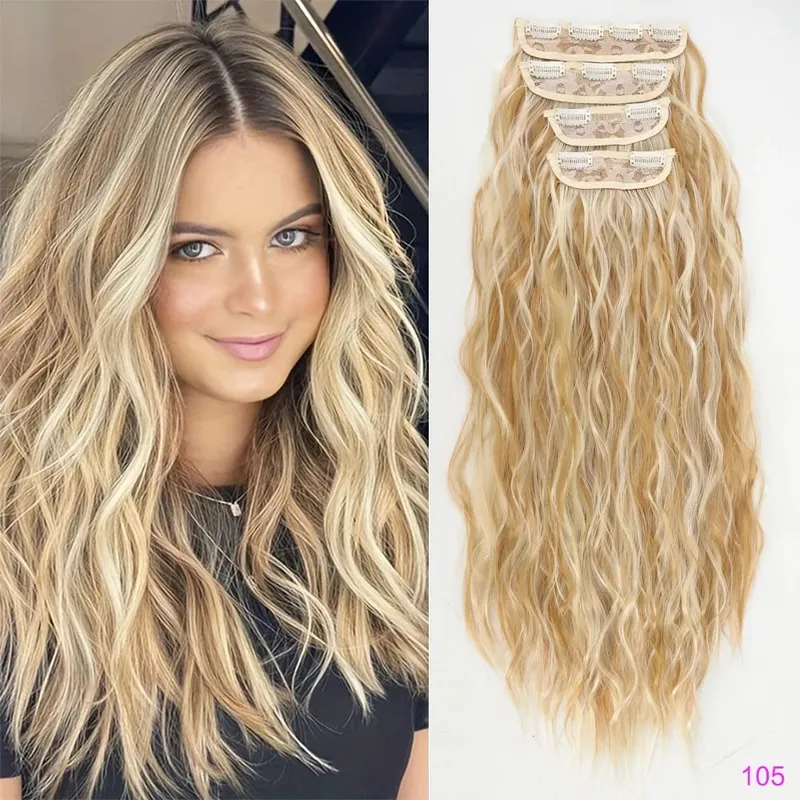 Set of 4 Clip-In Hair Extensions in a Brown-Blonde Shade 60.96 cm Long Featuring Wavy And Curly Synthetic Hair