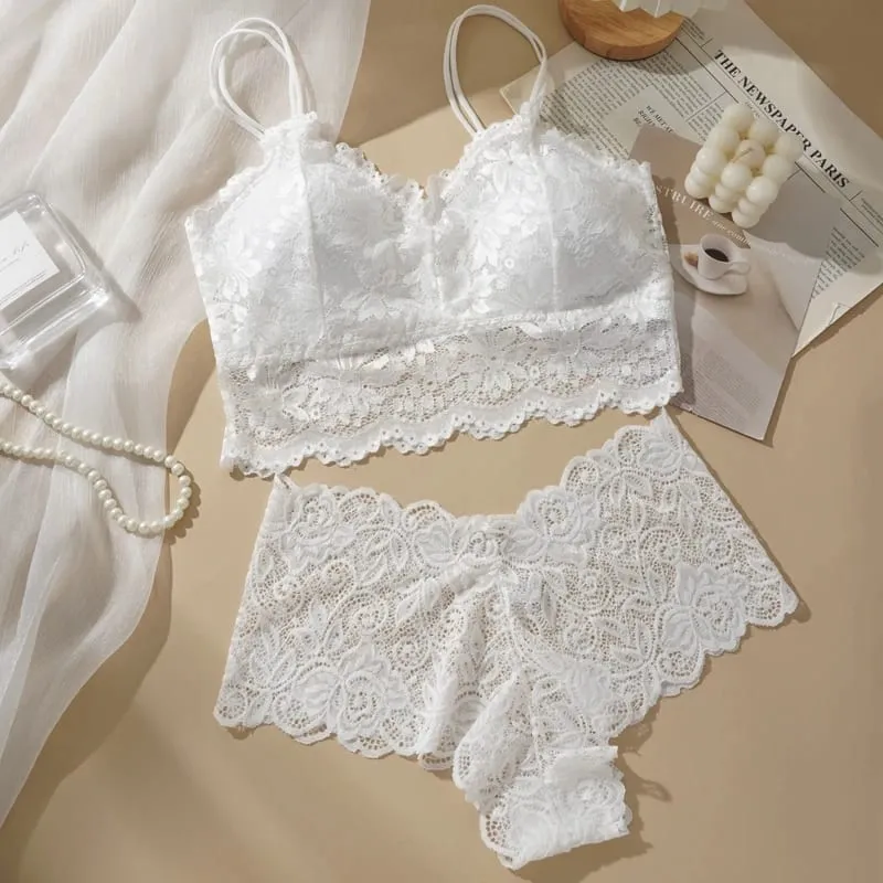 Women's Lace Bra & Panty Set – Sexy Back Hollow Out Wireless & Breathable Floral Underwear No Steel Ring Comfort