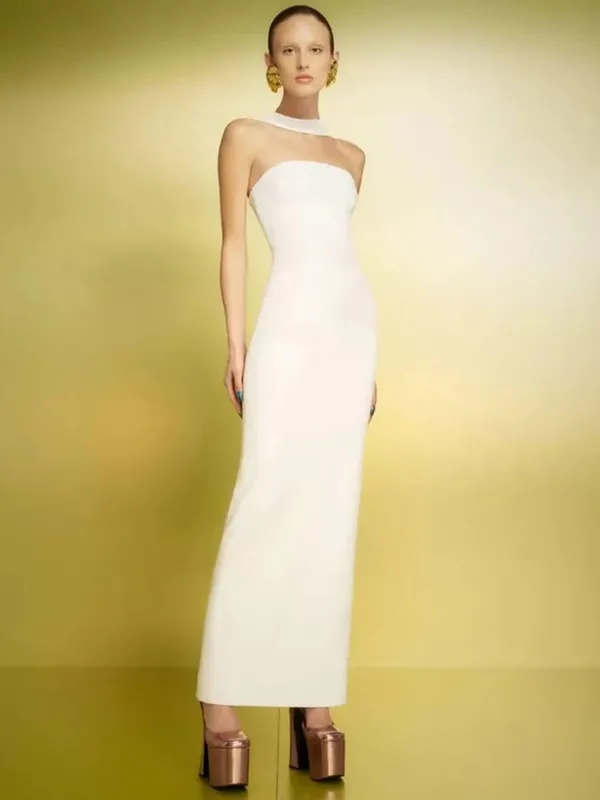 Mulheres celebridade sexy sem costas halter vermelho branco maxi longo verão bandagem bodycon vestido 2025 elegante noite clube festa outfit