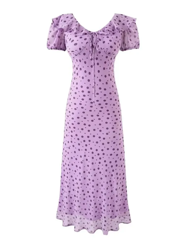 Chu Sau beauty Damen Neue Mode Süße Polka Dot Print Chic Rüschen Midikleid Französisch V-Ausschnitt Puffärmel Vintage Partykleider