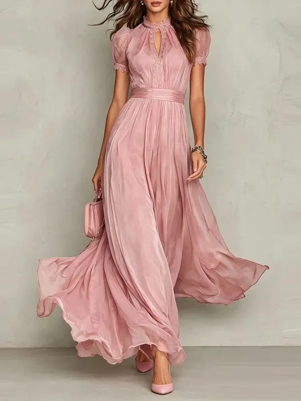 Vintage Solid Lace A-Line Long Dress Women's O Neck High Waist Pleated Party Dress Summer Short Sleeve Flowy Maxi Dresses