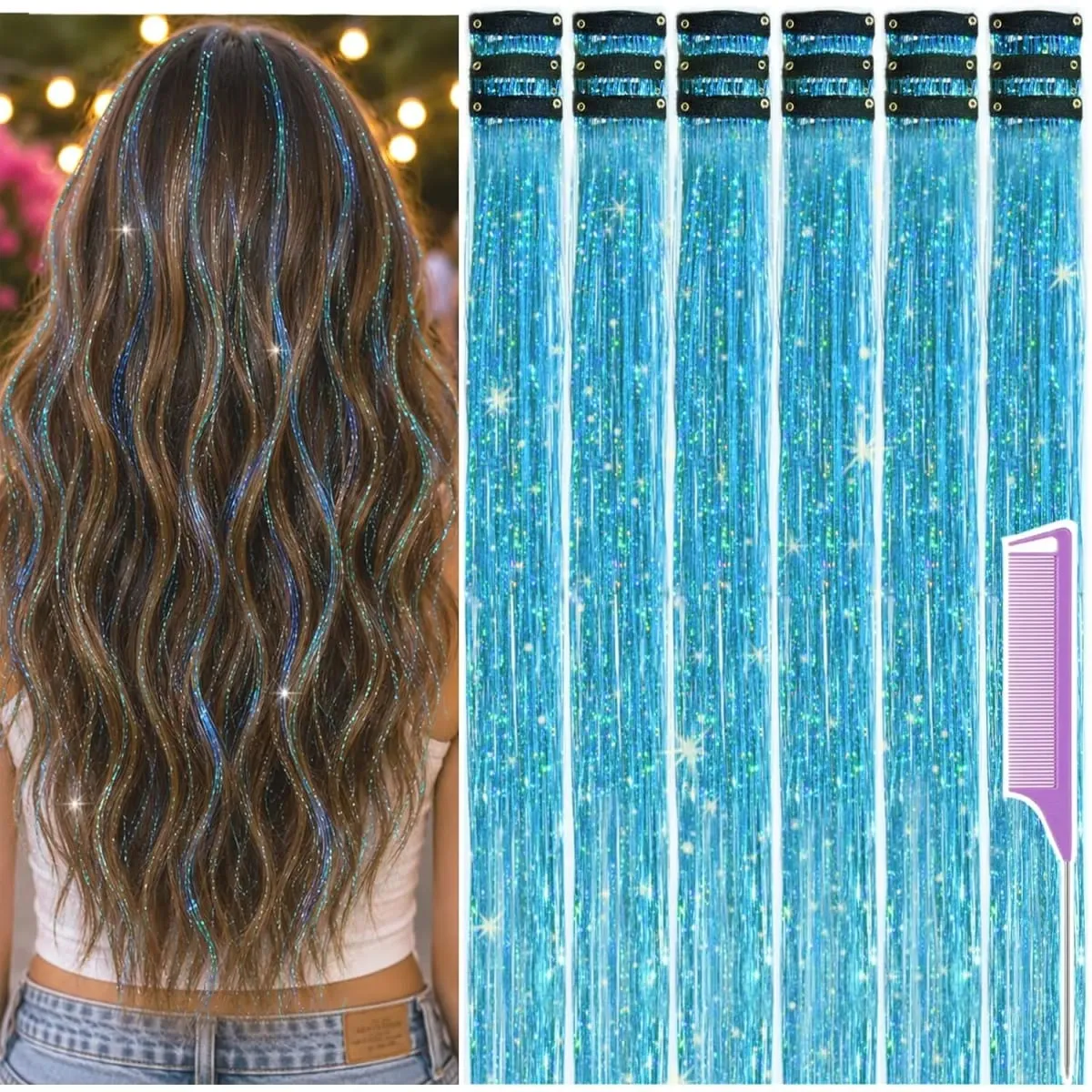 Balení 18 ks Nápadné doplňky do vlasů Rainbow Hair Tinsel Clip in Balíček 22palcových třpytivých pohádkových vlasů pro ženy, dívky