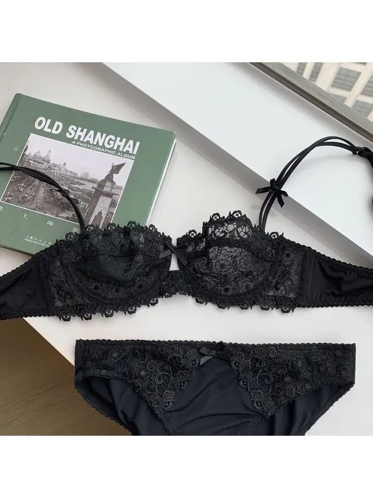 Conjunto de Sujetador de encaje Sexy para mujer, lencería erótica oculta de media Copa transparente, pezón ultrafino, ropa interior cómoda de realce, talla grande