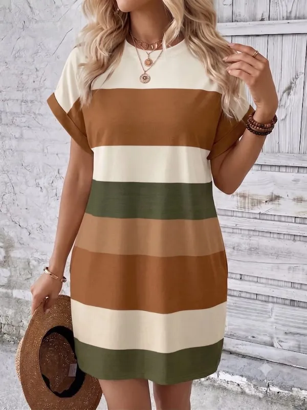 Vestido feminino listrado plus size casual solto manga curta vestido de verão com bolsos