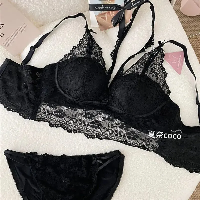 French Lace Wide Strap Thick Top Inner Lace Layer No Underwire Bra Set Petite Women Small Bust Comfort Lingerie Set 32-38 S-XL