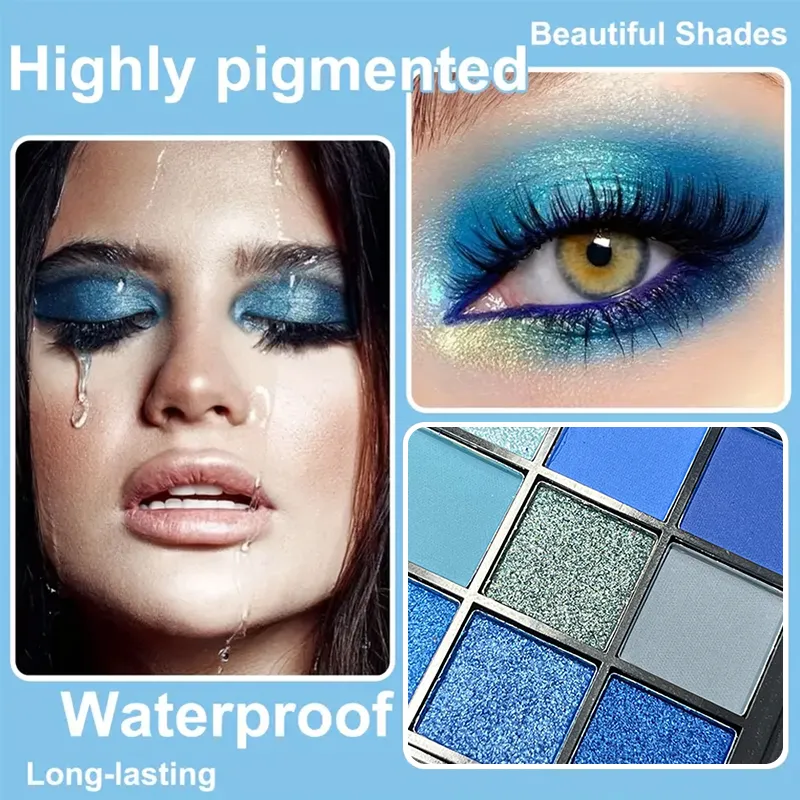 Luxurious Blue 9 Color Eyeshadow Palette - Velvet Matte and Shimmer Effect Durable Waterproof Long-Lasting Smoky Eye Makeup