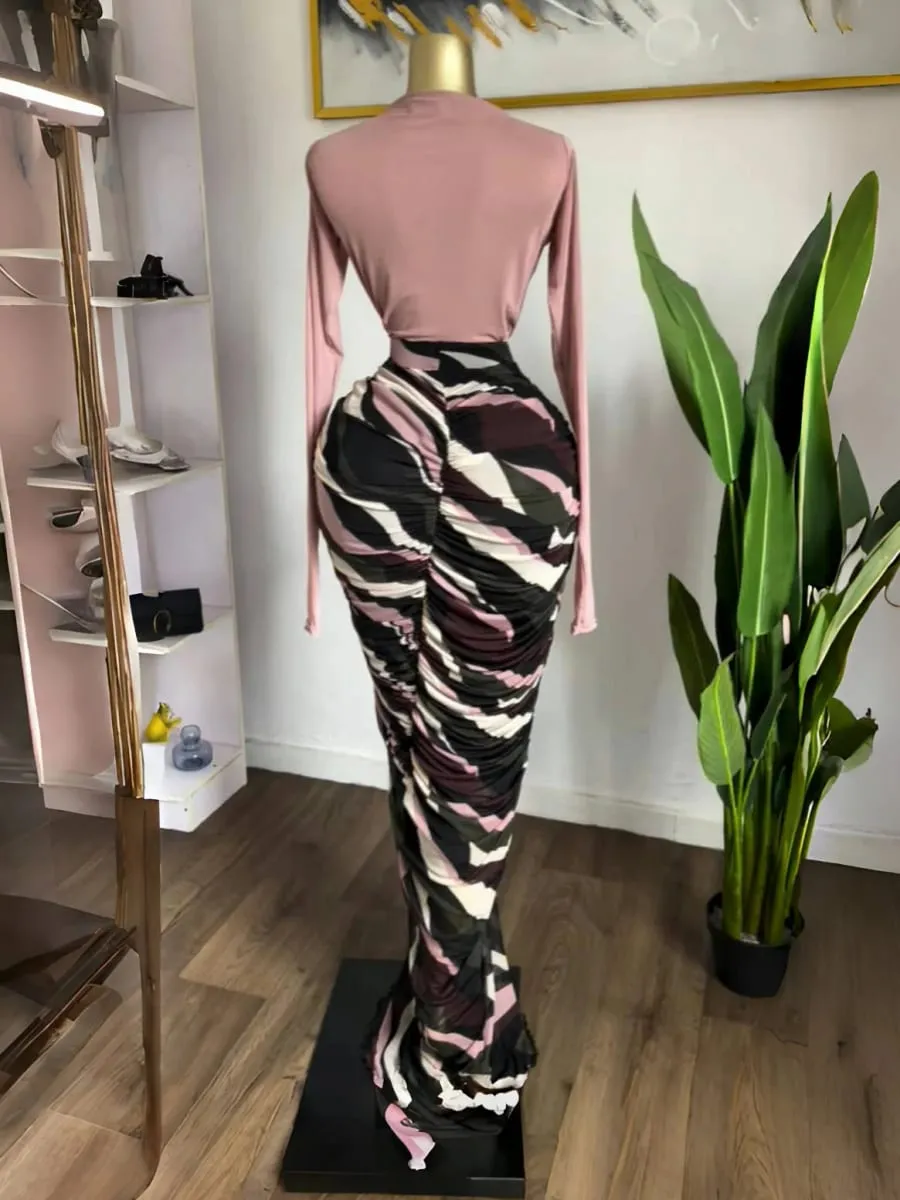 CM.YAYA Women Tie Dye Striped Patchwork Stacked Ruched Bodycon Midi Maxi Long Dress Fall Winter Education Vacation Prom Dresses
