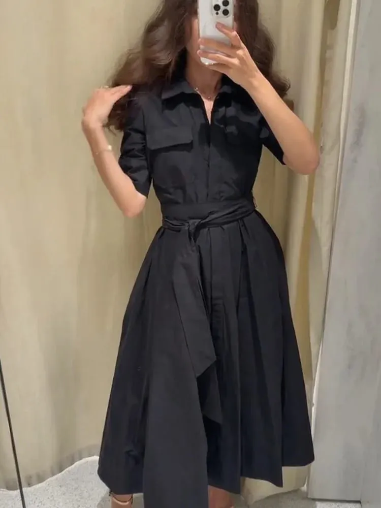 Gaun Midi Kerah Lengan Pendek Elegan untuk Wanita Gaun Panjang Pinggang Kancing Sebaris Solid Chic Wanita Gaun Pesta Malam Liburan Vestidos