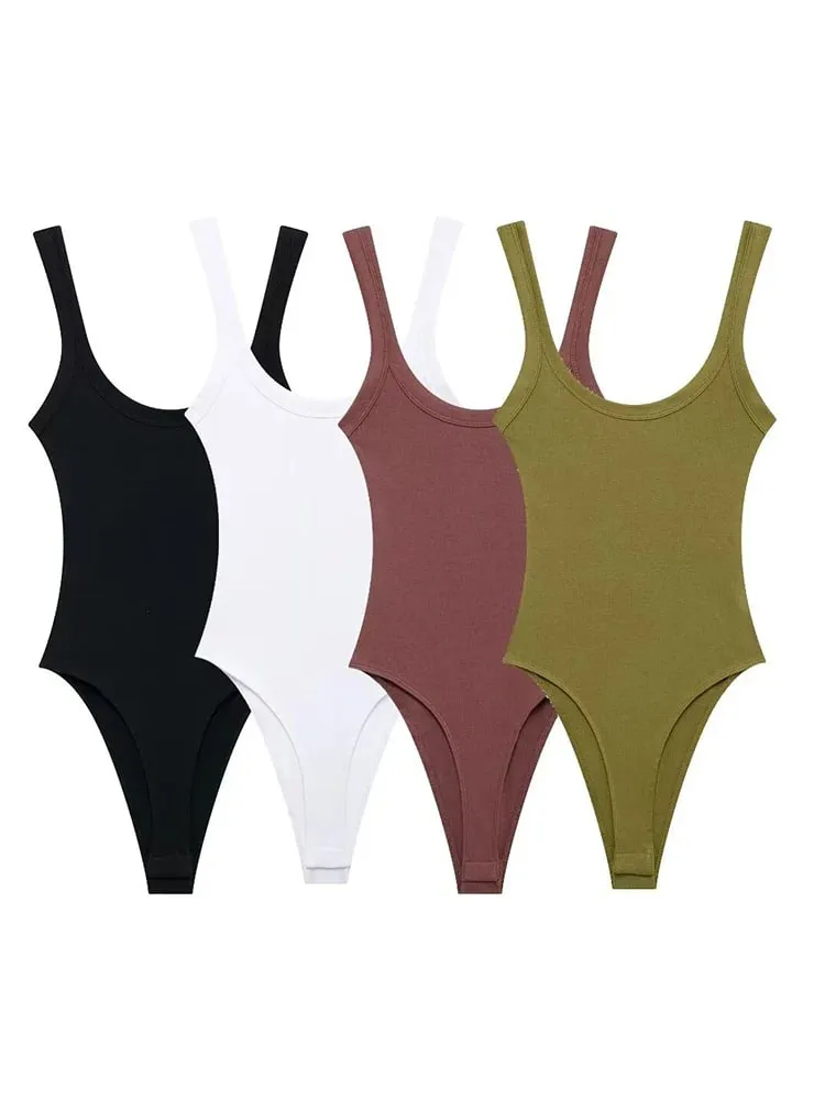 Skinny Ribbed Bodysuits for Women O Neck Straps Snap-Button Female Playsuits Sexy Fashion