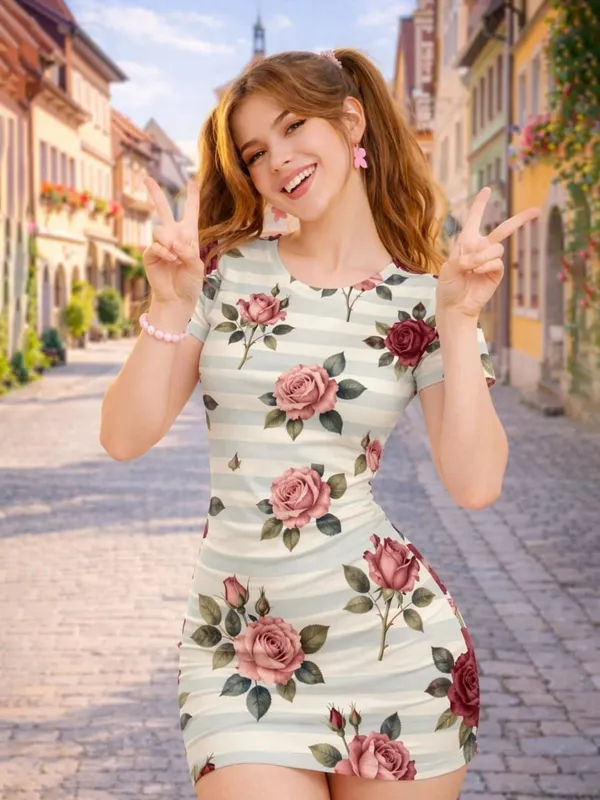 Womens Short Sleeve Bodycon Mini Dress Slim Fit Crew Neck Floral Print Casual Summer Party Lightweight Stretch Clubwear Sundress