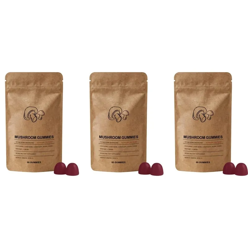 Mushroom Gut Health Gummies with Vitamin C B6 D3 and 8 Mushroom Extracts for Mental Clarity & Immune Support 60 Gummies