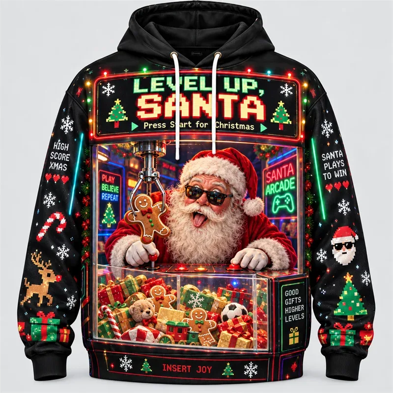 Funny Santa Christmas Hoodie 3D Print Karaoke Sleigh Repair Laundry Snack Holiday Party Pullover Winter Streetwear Gift