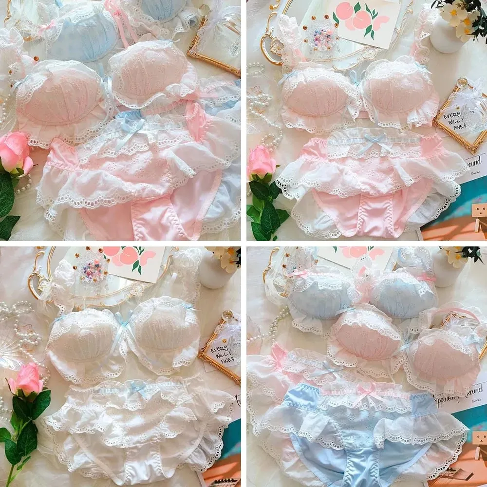 Japanese Sweet Girl Lingerie Set: Ruffles Embroidery Cotton Micro-Gather Bra & Panty with Cute Bow