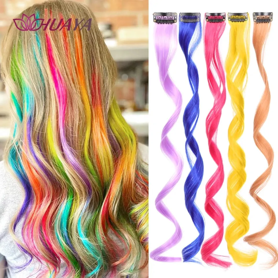 Tổng Hợp Kẹp Trong Một Miếng Nhiều Màu Sắc Làm Tóc Xoăn Tóc Tổng Hợp Miếng 18 "Dài Ombre Tóc Hồng Tím Đỏ xanh Dương